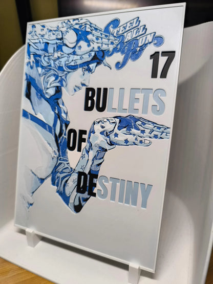 Affiche bleue et blanche avec personnage stylisé et texte Bullets of Destiny, chiffre 17