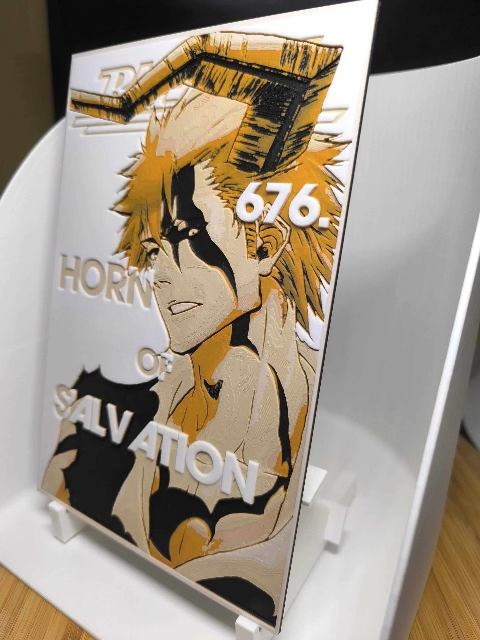 Tableau gravé coloré de personnage animé avec cornes, texte 'HORN OF SALVATION 676' sur support blanc