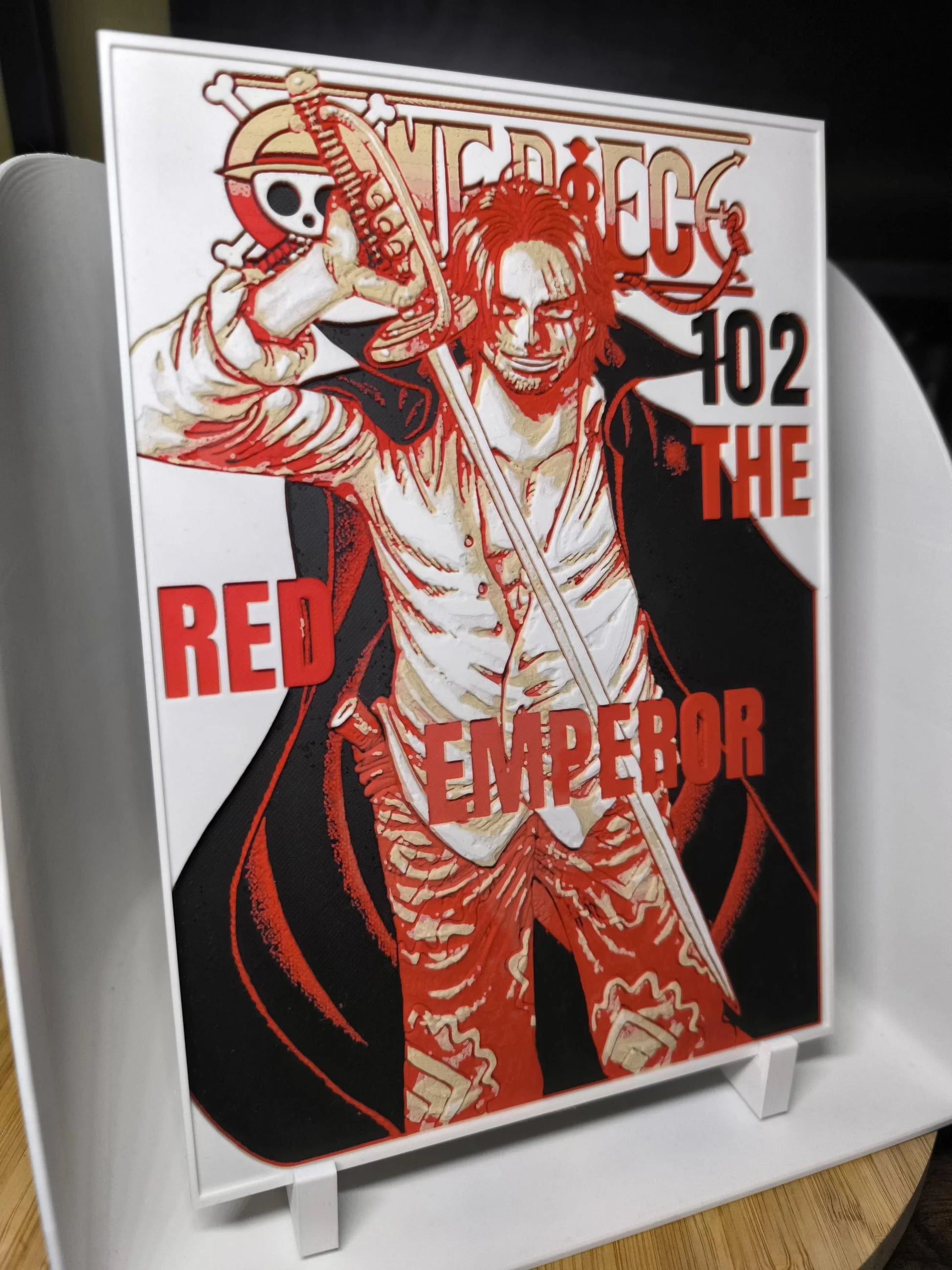 Affiche en relief de Shanks le Roux avec épée, texte One Piece 102 The Red Emperor