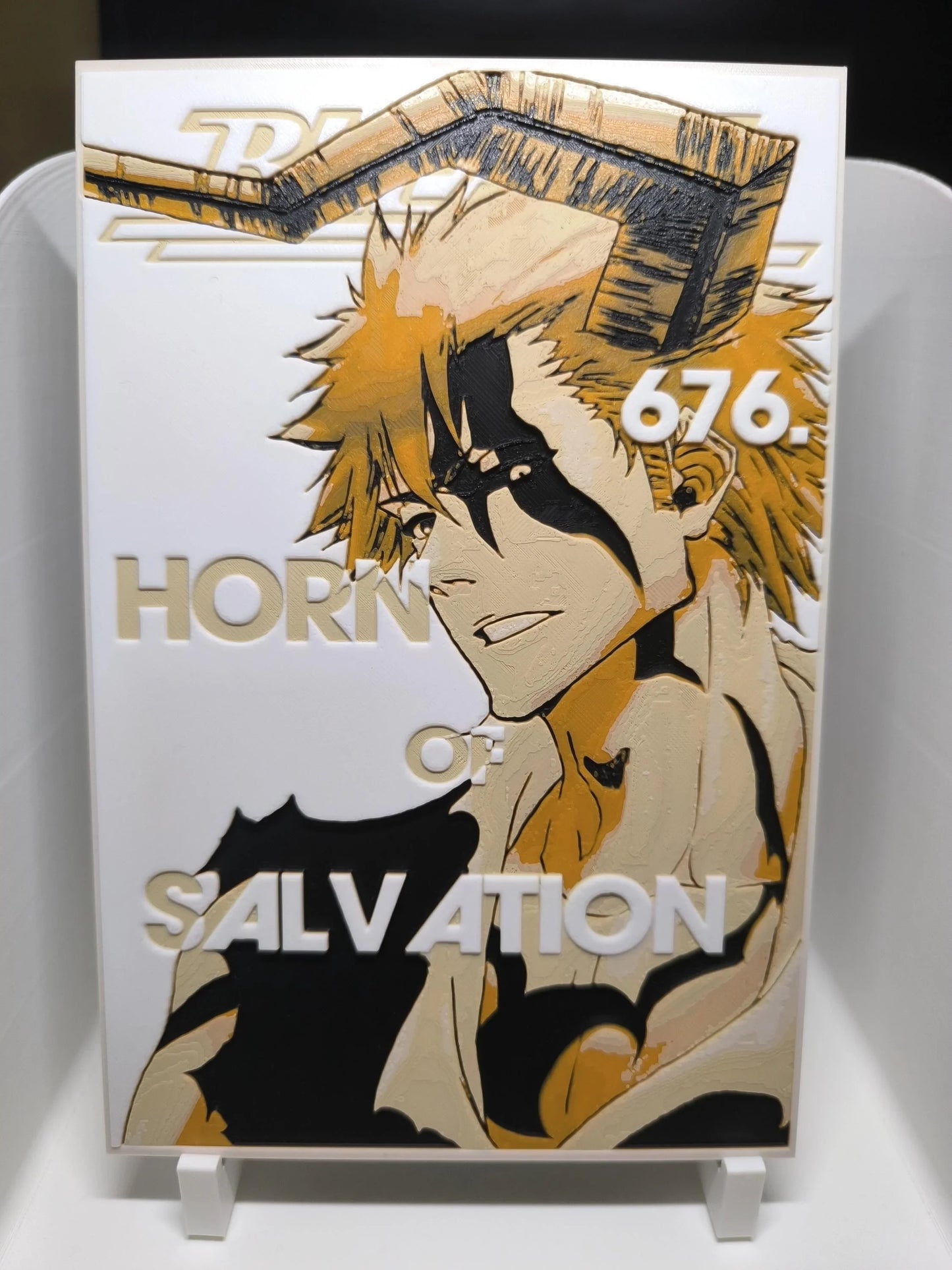 Illustration anime d'un personnage masculin avec corne, cheveux orange, peinture noir et beige, texte "Horn of Salvation"