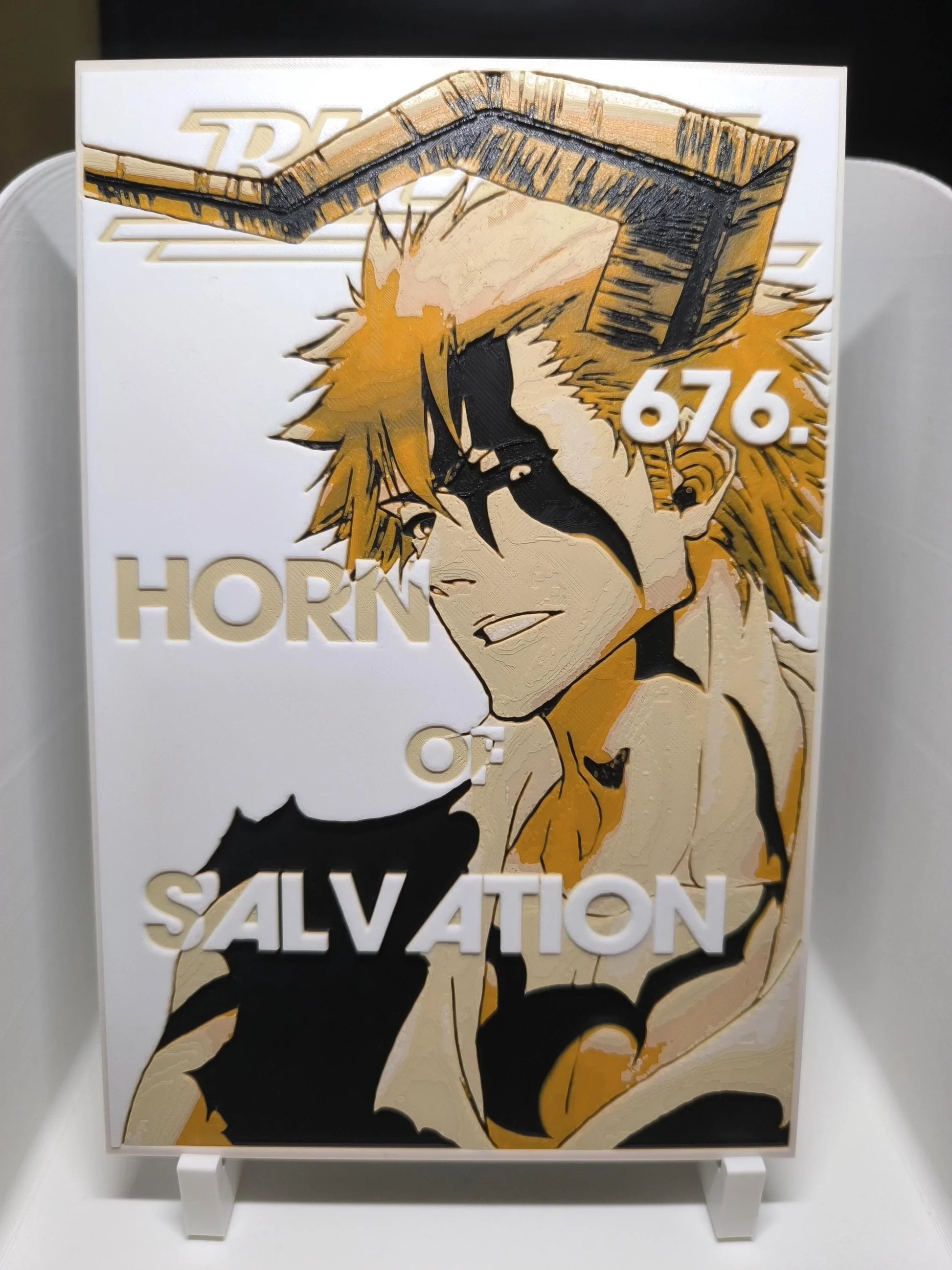 Illustration anime d'un personnage masculin avec corne, cheveux orange, peinture noir et beige, texte "Horn of Salvation"