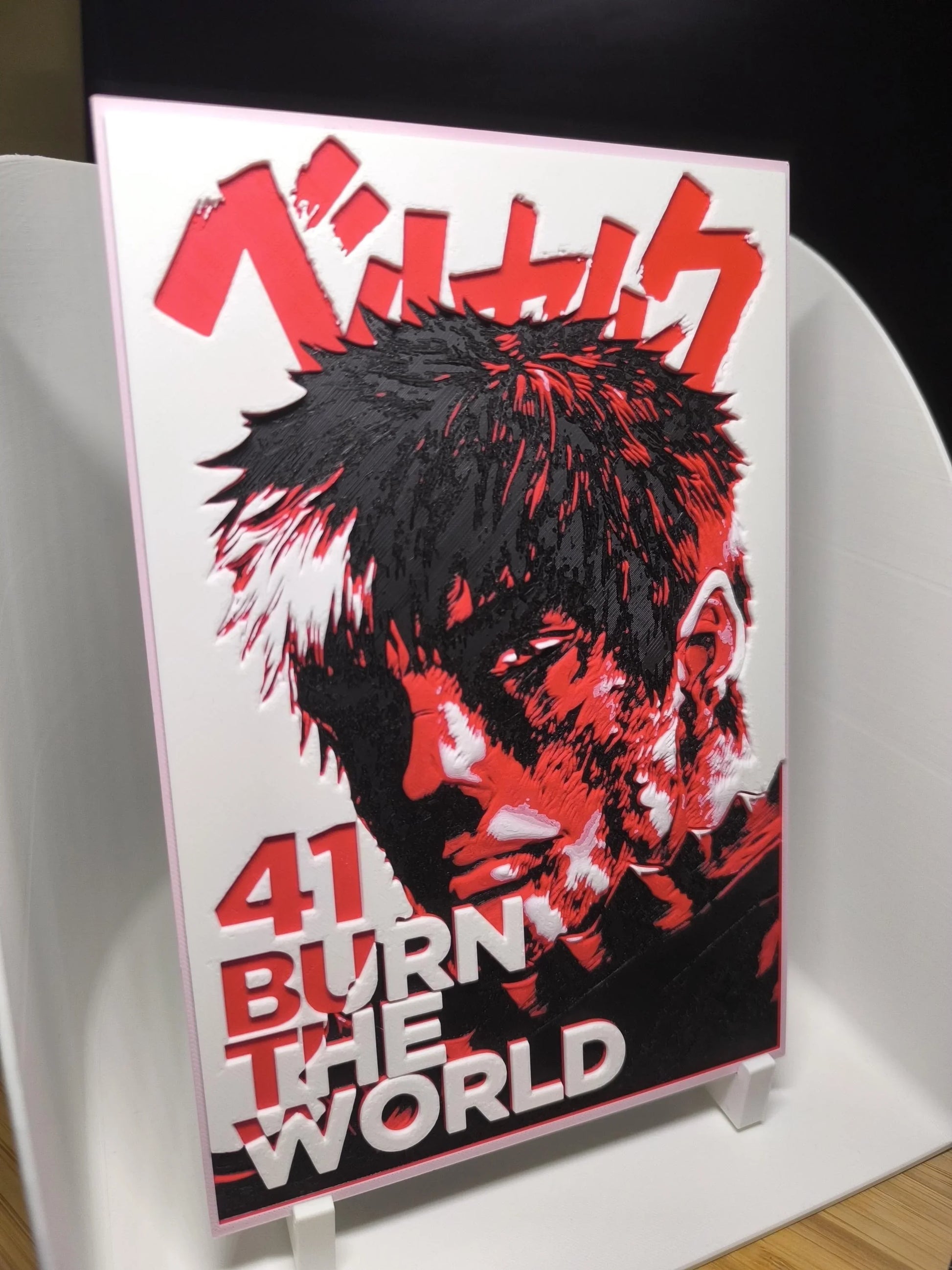 Affiche manga Berserk avec personnage en rouge et noir, texte 41 BURN THE WORLD en blanc