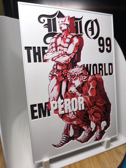 Illustration en rouge de deux personnages stylisés, l'un debout et l'autre accroupi, texte "The World Emperor"
