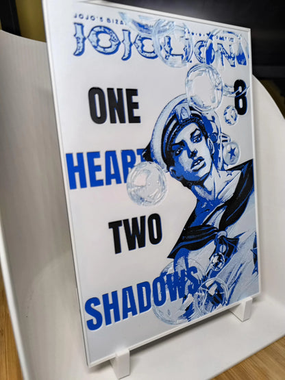 Affiche JoJo's Bizarre Adventure Part 8 One Heart Two Shadows avec personnage masculin en style manga sur support blanc