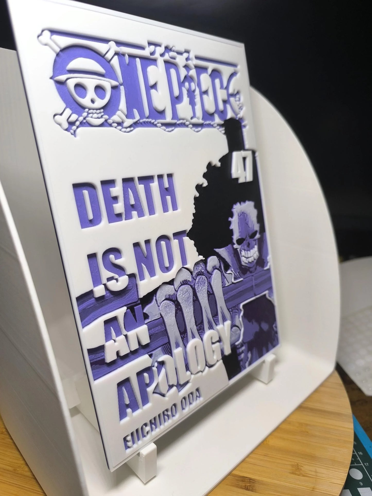 Plaque décorative One Piece chapitre 47 avec illustration de Franky et texte Death is not an apology