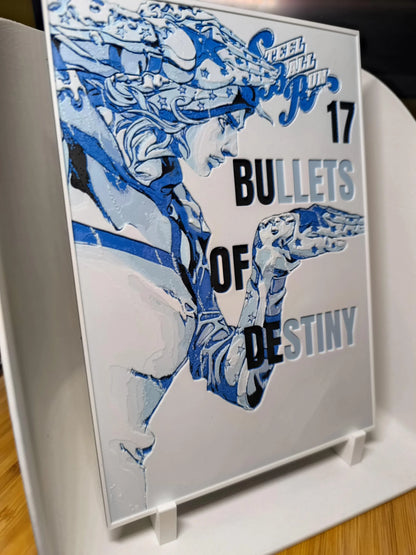 Tableau en relief Bleu et blanc figurant un personnage stylisé avec texte bullets of destiny sur plaque montée