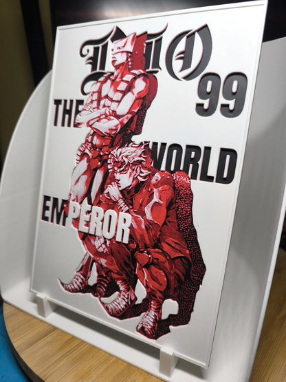 Illustration en relief rouge de deux personnages et texte noir blanc "The World Emperor 99" sur fond blanc