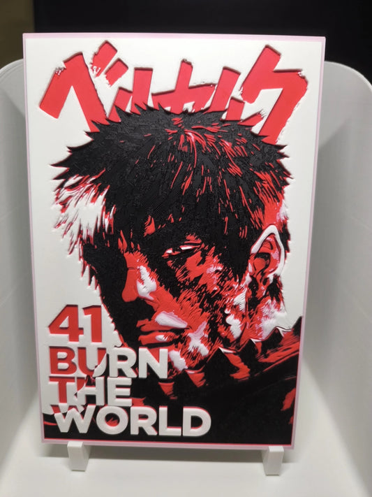 Illustration en noir et rouge d'un personnage d'anime avec texte japonais et '41 Burn The World'