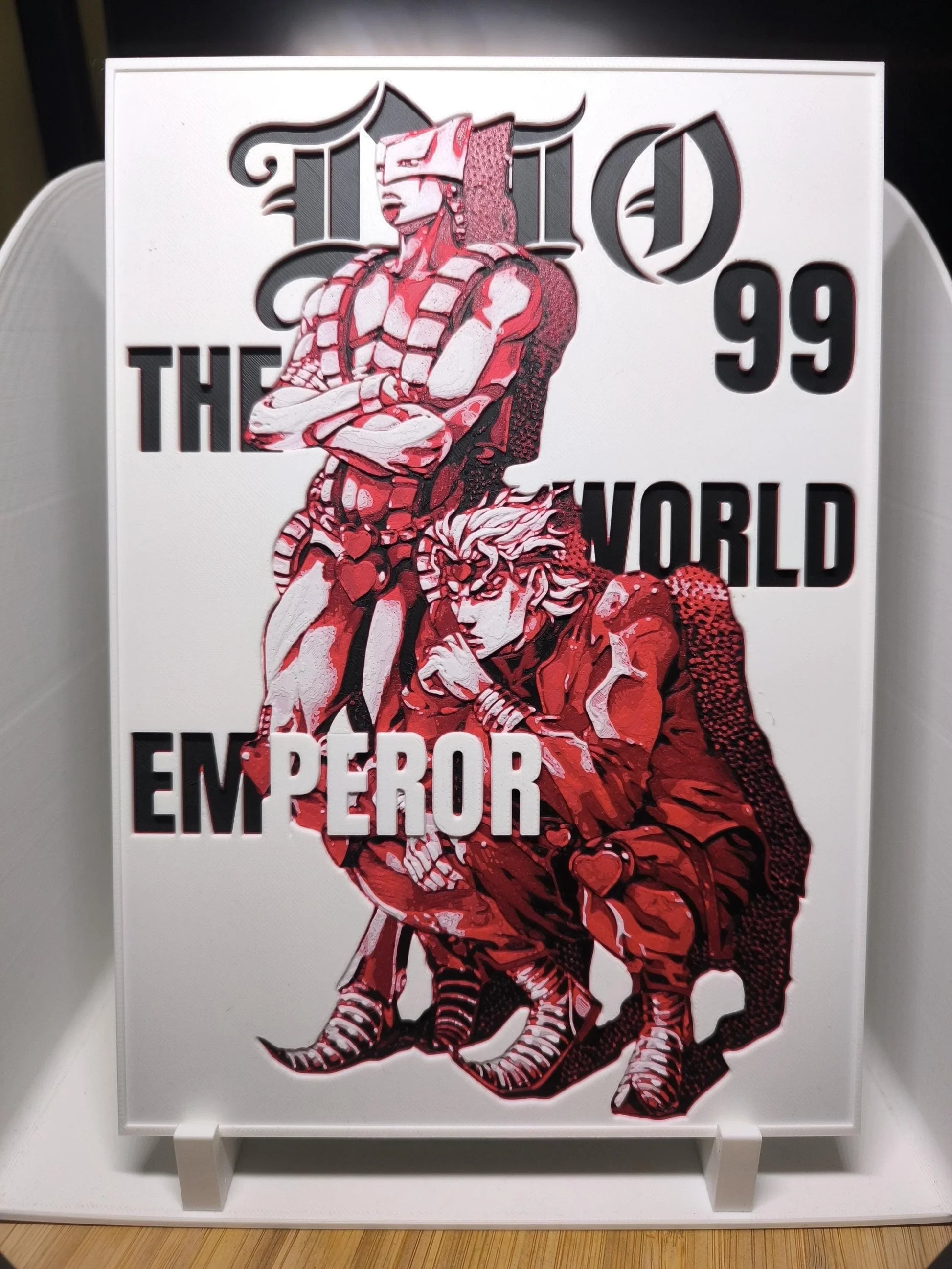 Illustration rouge de personnages de JoJo's Bizarre Adventure avec texte The World Emperor 99