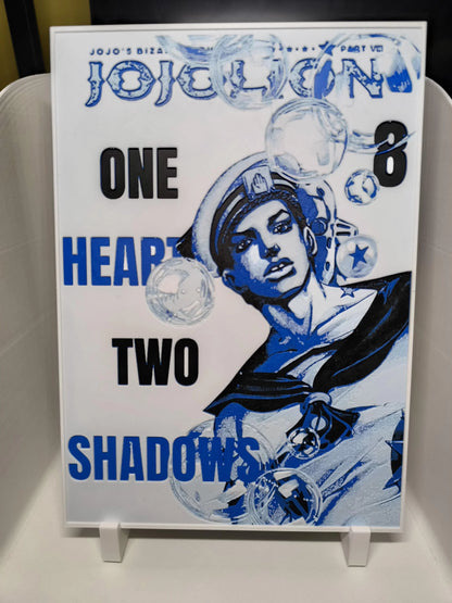 Affiche JoJo's Bizarre Adventure Part 8 Jojolion avec personnage bleu et bulles, texte One Heart Two Shadows