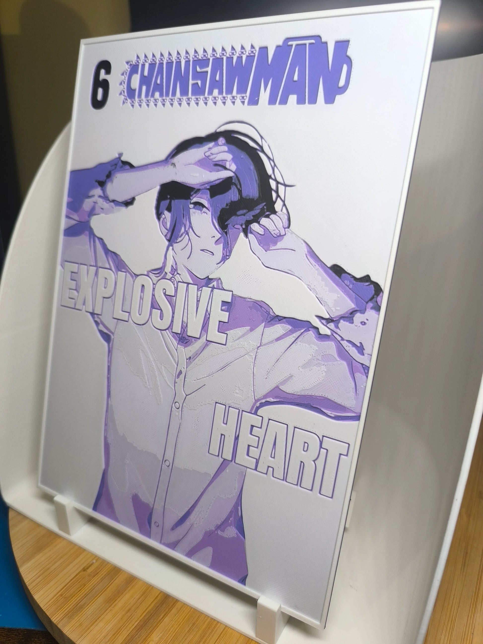 Couverture manga Chainsaw Man tome 6 Explosive Heart avec personnage en chemise blanche et effet violet