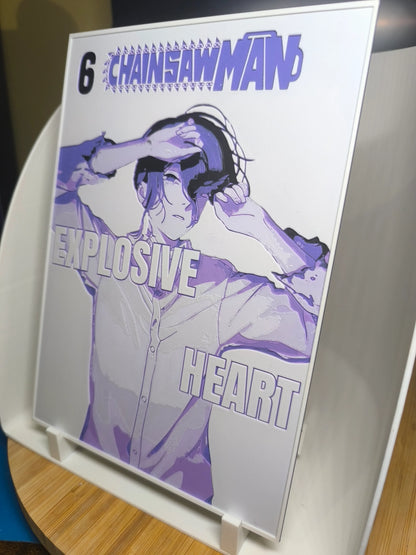 Couverture manga Chainsaw Man tome 6 Explosive Heart avec personnage en chemise blanche et effet violet